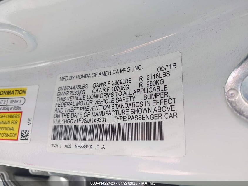 2018 HONDA ACCORD VIN: 1HGCV1F92JA169301