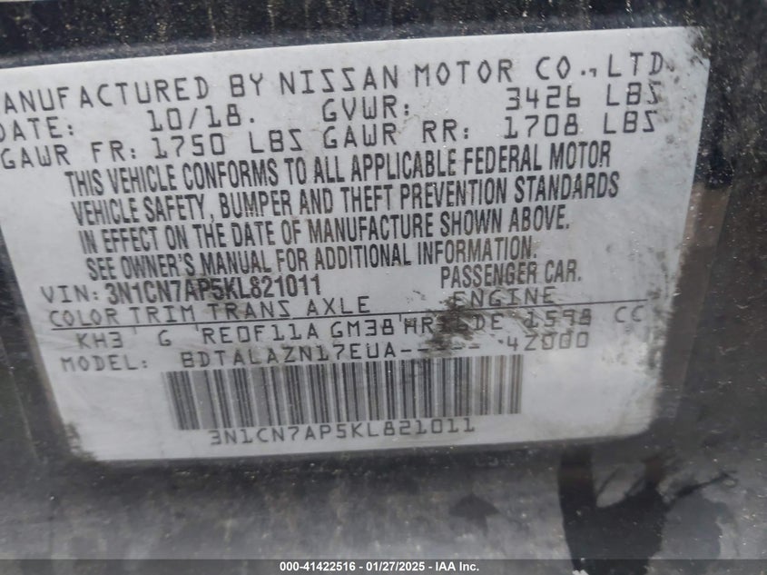 2019 Nissan Versa 1.6 S+ VIN: 3N1CN7AP5KL821011 Lot: 41422516