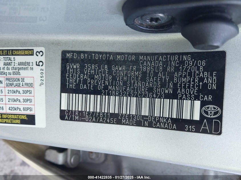 2007 TOYOTA COROLLA VIN: 2T1BR32E57C736473