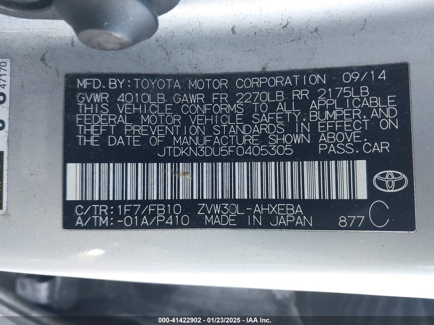 2015 TOYOTA PRIUS VIN: JTDKN3DU5F0405305