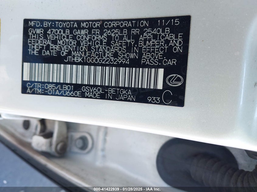 2016 LEXUS ES 350 - JTHBK1GG0G2232994