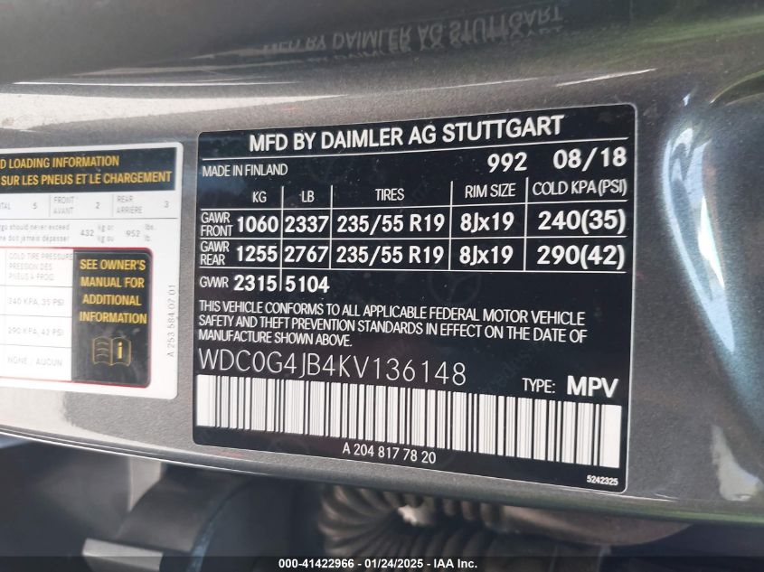 2019 MERCEDES-BENZ GLC 300 - WDC0G4JB4KV136148