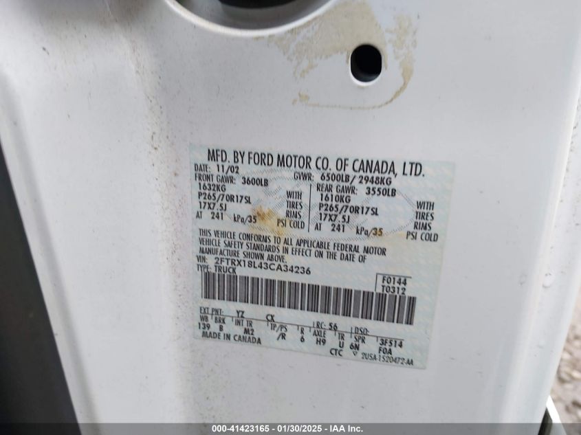 2003 Ford F-150 Heritage VIN: 2FTRX18L403CA3423 Lot: 41423165