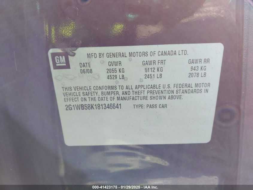 2008 Chevrolet Impala Ls VIN: 2G1WB58K181346610 Lot: 41423175