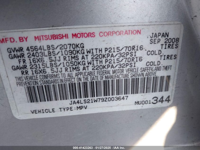 2009 Mitsubishi Outlander Es VIN: JA4LS21W79Z003647 Lot: 41423263