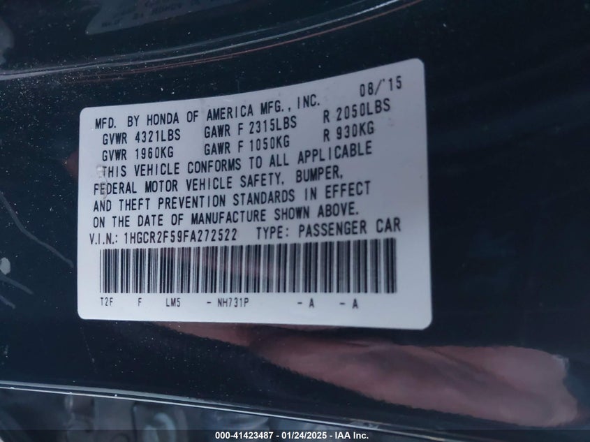 2015 HONDA ACCORD VIN: 1HGCR2F59FA272522