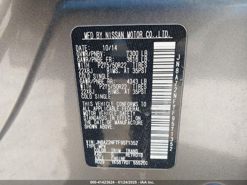 2015 Infiniti Qx80 VIN: JN8AZ2NF7F9571352 Lot: 41423624