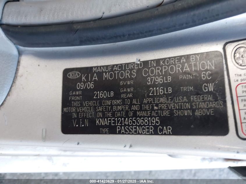 2006 Kia Spectra Ex/Lx/Sx VIN: KNAFE121465368195 Lot: 41423629