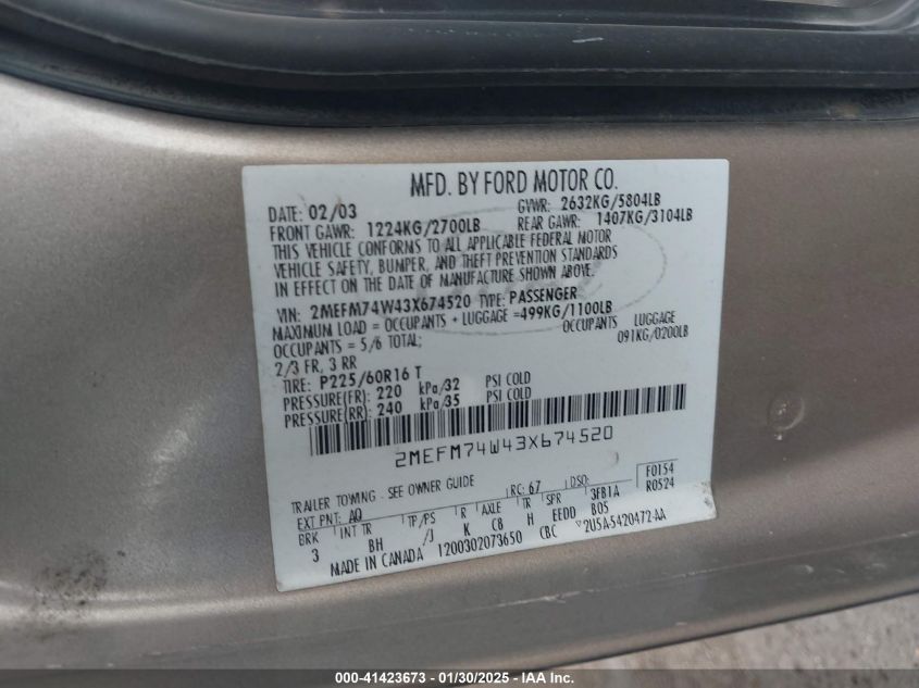 2003 Mercury Grand Marquis Gs VIN: 2MEFM74W43X674520 Lot: 43451703
