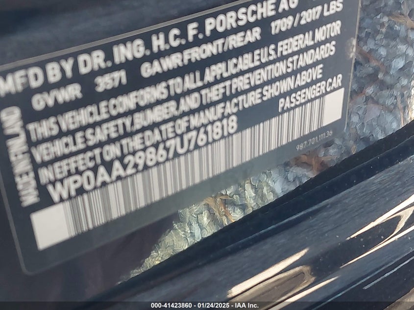 2007 PORSCHE CAYMAN VIN: WP0AA29867U761818