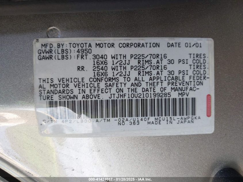 2001 Lexus Rx 300 VIN: JTJHF100210199285 Lot: 41424017