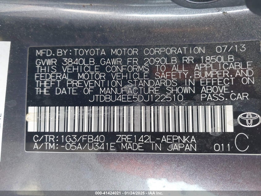 2013 TOYOTA COROLLA VIN: JTDBU4EE5DJ122510