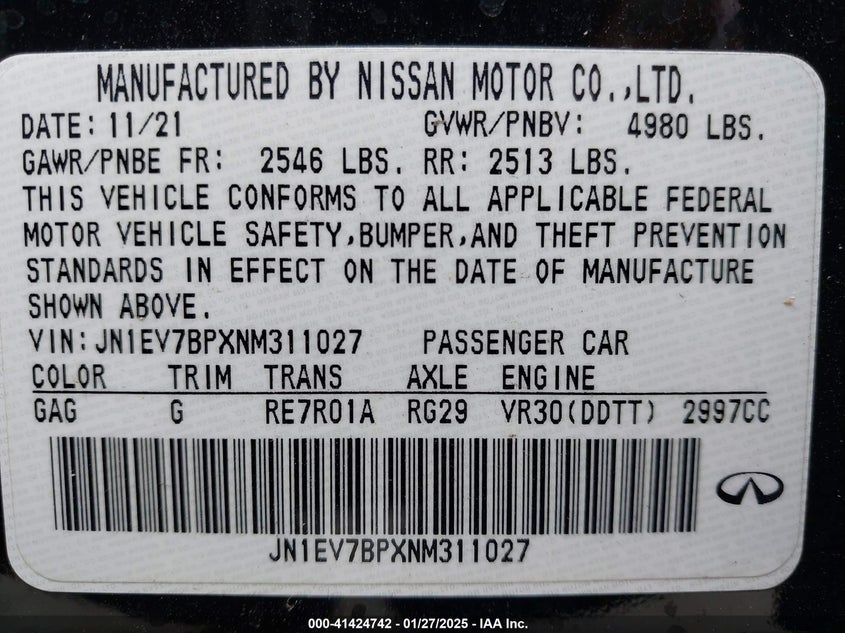 2022 INFINITI Q50 VIN: JN1EV7BPXNM311027