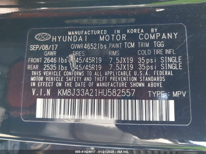 2017 Hyundai Tucson Limited/Sport And Eco/Se VIN: KM8J33A21HV582557 Lot: 41424817