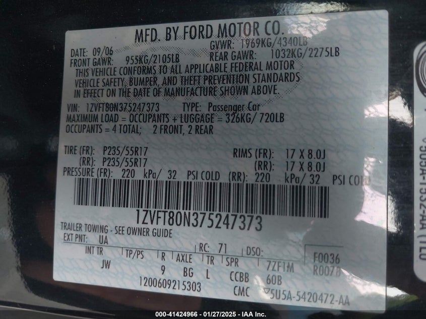 2007 FORD MUSTANG VIN: 1ZVFT80N375247373