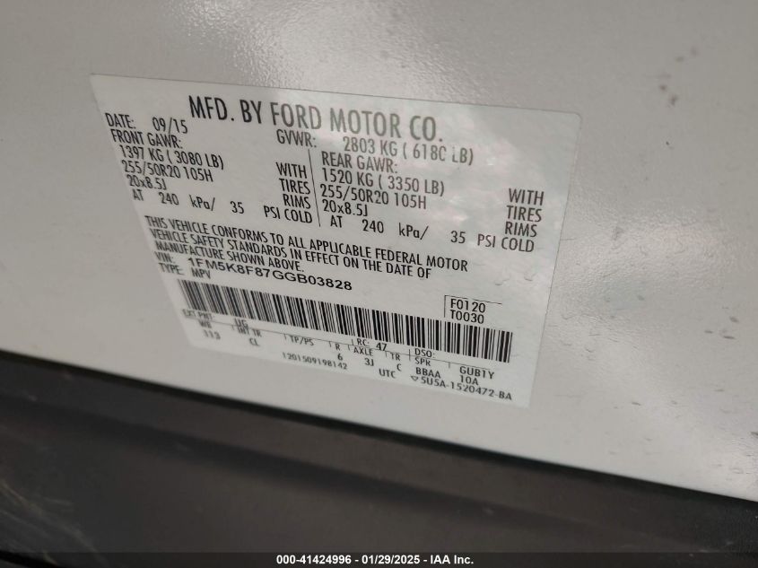 2016 Ford Explorer Limited VIN: 1FM5K8F87GGB03828 Lot: 41424996