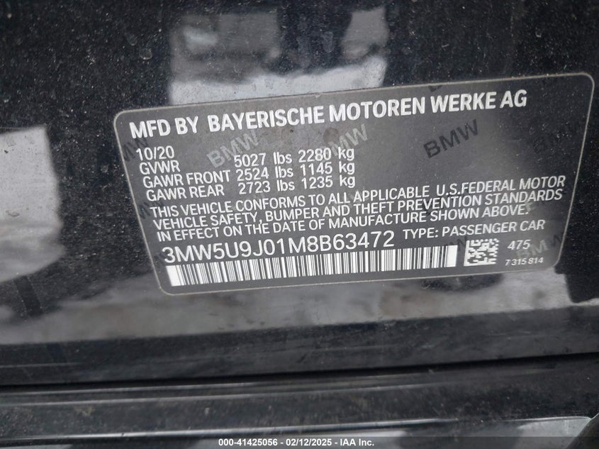 2021 BMW 3 SERIES VIN: 3MW5U9J01M8B63472