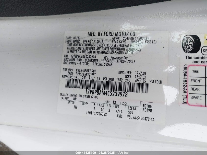 2012 FORD MUSTANG VIN: 1ZVBP8AM4C5239978