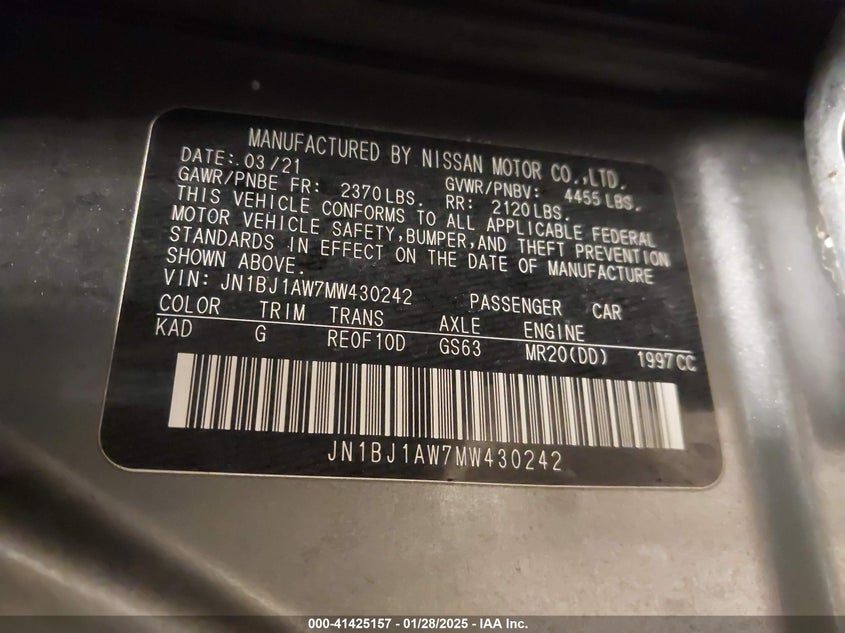 2021 NISSAN ROGUE SPORT VIN: JN1BJ1AW7MW430242