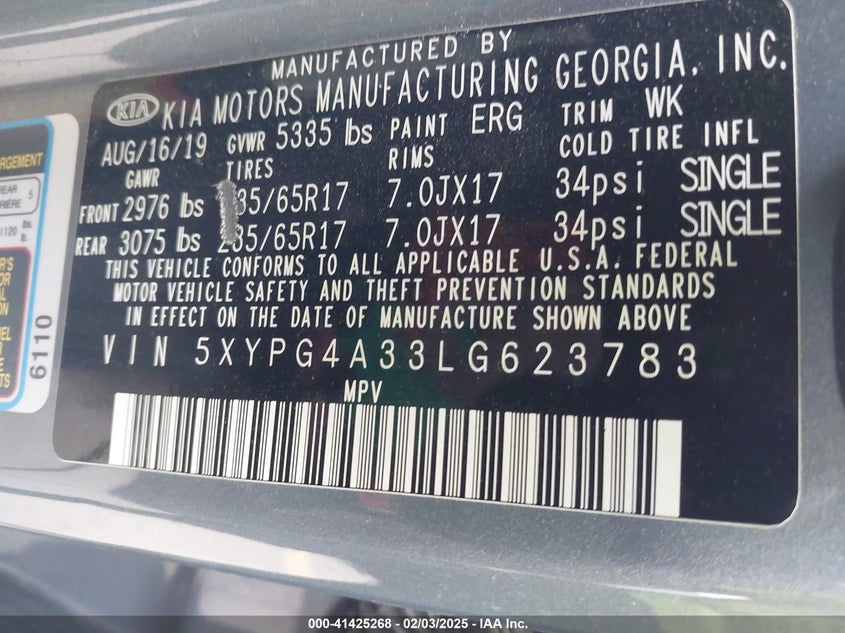 2020 Kia Sorento 2.4L L VIN: 5XYPG4A33LG623783 Lot: 41425268