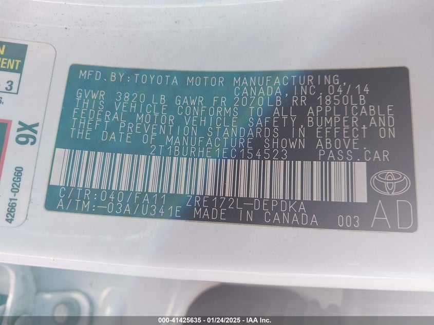2014 TOYOTA COROLLA VIN: 2T1BURHE1EC154523