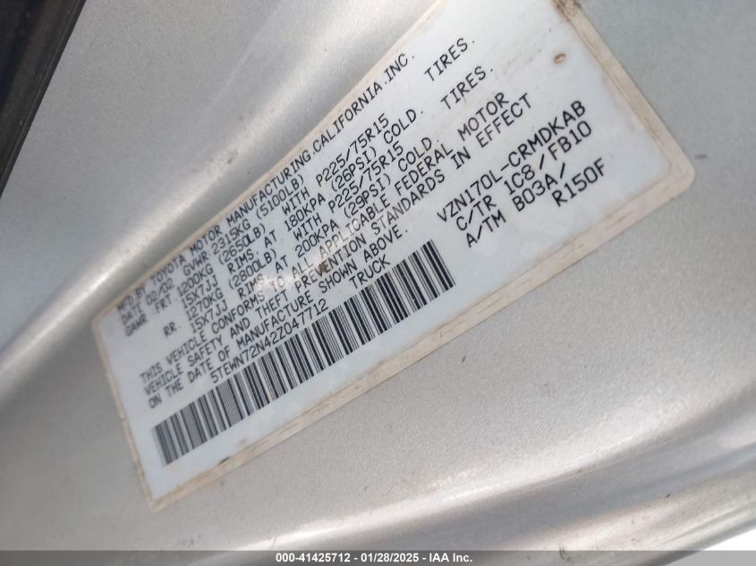 2002 Toyota Tacoma Base V6 VIN: 5TEWN72N42Z047712 Lot: 41425712