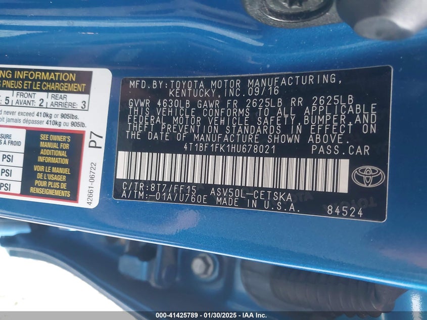2017 TOYOTA CAMRY VIN: 4T1BF1FK1HU678021