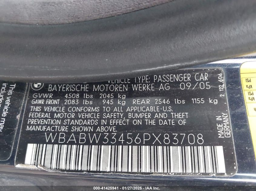 2006 BMW 325Ci VIN: WBABW33456PX83708 Lot: 41425941