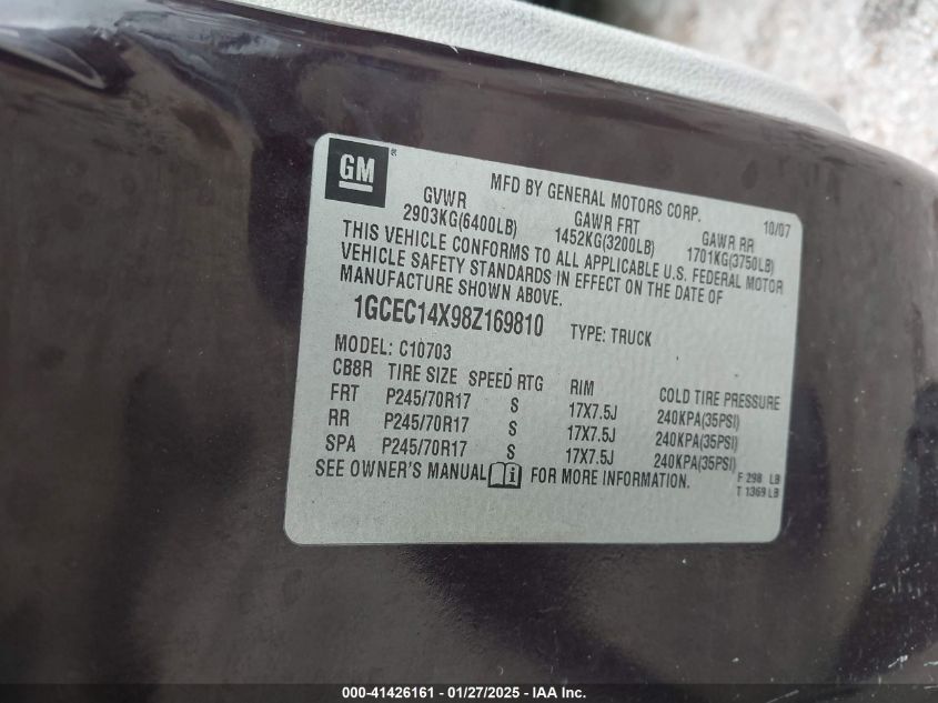 2008 Chevrolet Silverado 1500 Work Truck VIN: 1GCEC14X98Z169810 Lot: 41426161