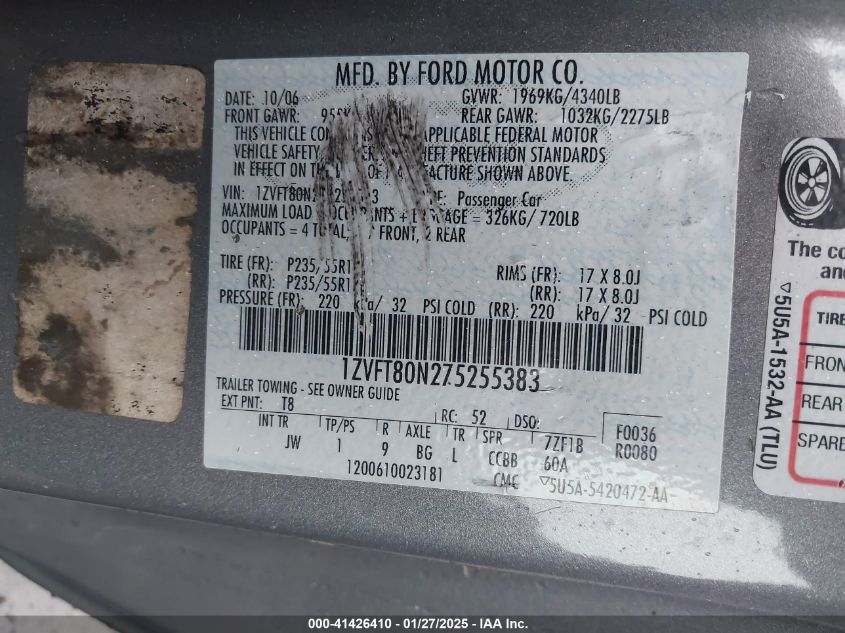 2007 Ford Mustang V6 Deluxe/V6 Premium VIN: 1ZVFT80N275255383 Lot: 41426410