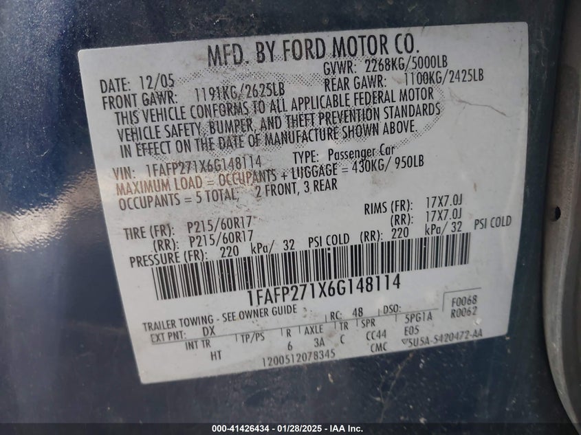 2006 FORD FIVE HUNDRED VIN: 1FAFP271X6G148114