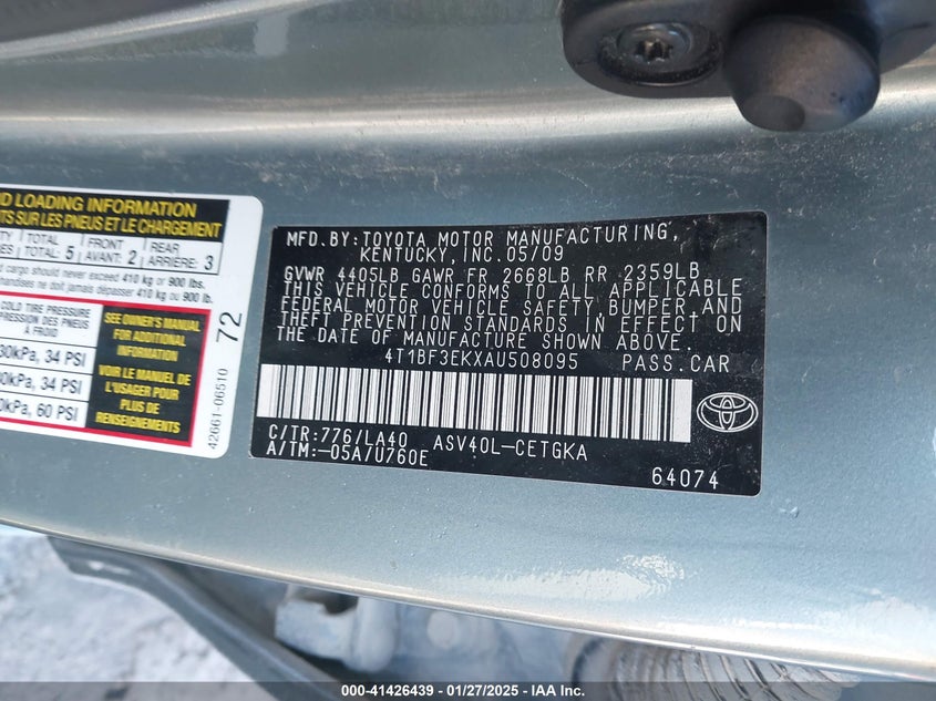 2010 TOYOTA CAMRY VIN: 4T1BF3EKXAU508095
