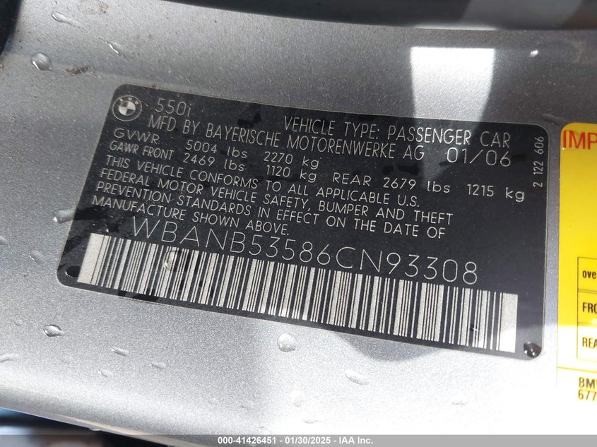 2006 BMW 550I VIN: WBANB53586CN93308