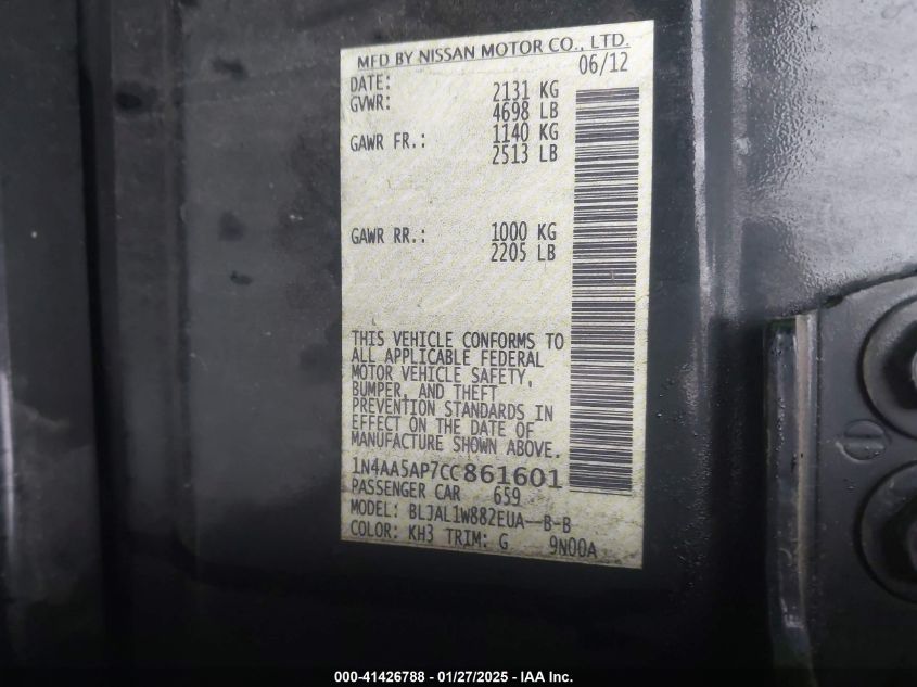 2012 Nissan Maxima VIN: 1N4AA6AP7CCB61601 Lot: 41426788