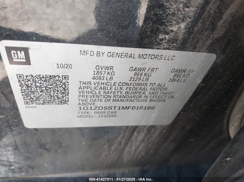 2021 CHEVROLET MALIBU VIN: 1G1ZD5ST1MF019166