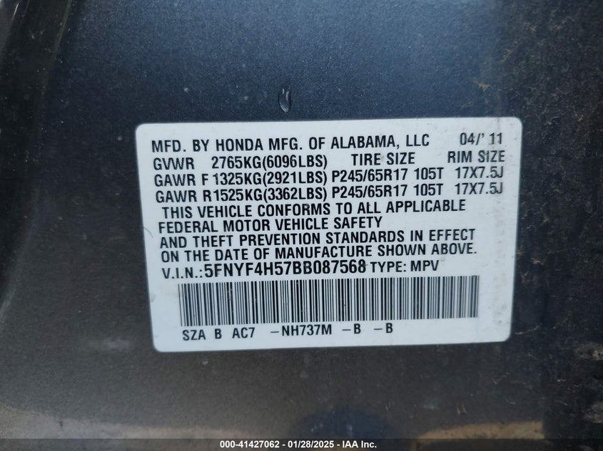 2011 HONDA PILOT VIN: 5FNYF4H57BB087568
