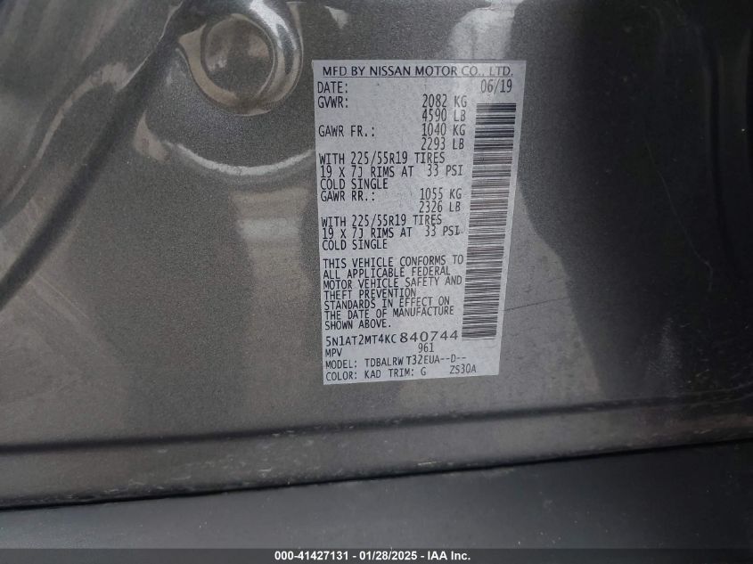 2019 Nissan Rogue Sl VIN: 5N1AT2MT4KC840744 Lot: 41427131