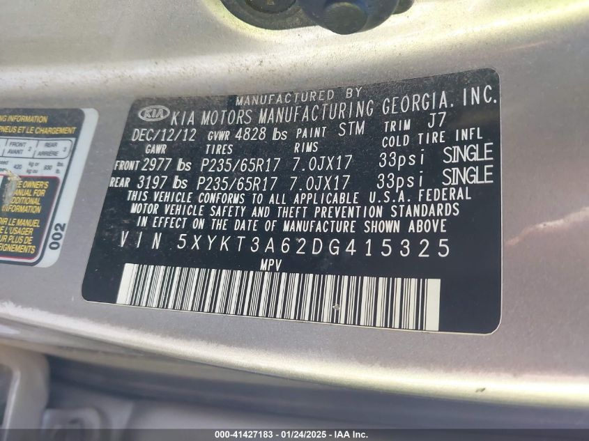 2013 Kia Sorento Lx VIN: 5XYKT3A62DG415325 Lot: 41427183