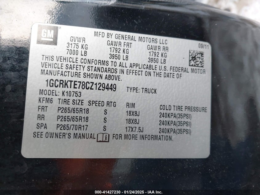 2012 CHEVROLET SILVERADO 1500 VIN: 1GCRKTE78CZ129449