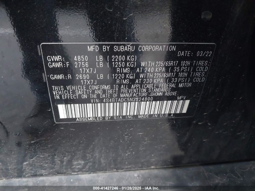 2022 Subaru Outback Premium VIN: 4S4BTADC5N3224800 Lot: 41427246