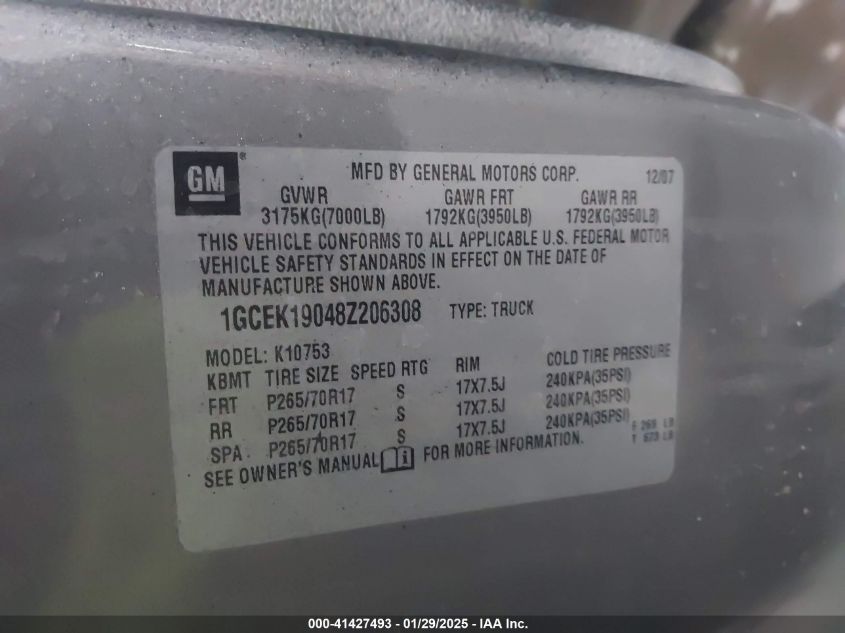 2008 Chevrolet Silverado Lt1/Lt2/Ltz/Work Truck VIN: 1GCEK19048Z20638 Lot: 41427493