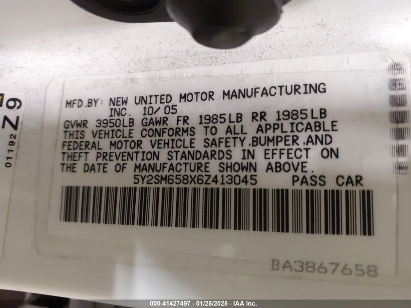 2006 Pontiac Vibe VIN: 5Y2SM658X6Z413045 Lot: 41427497