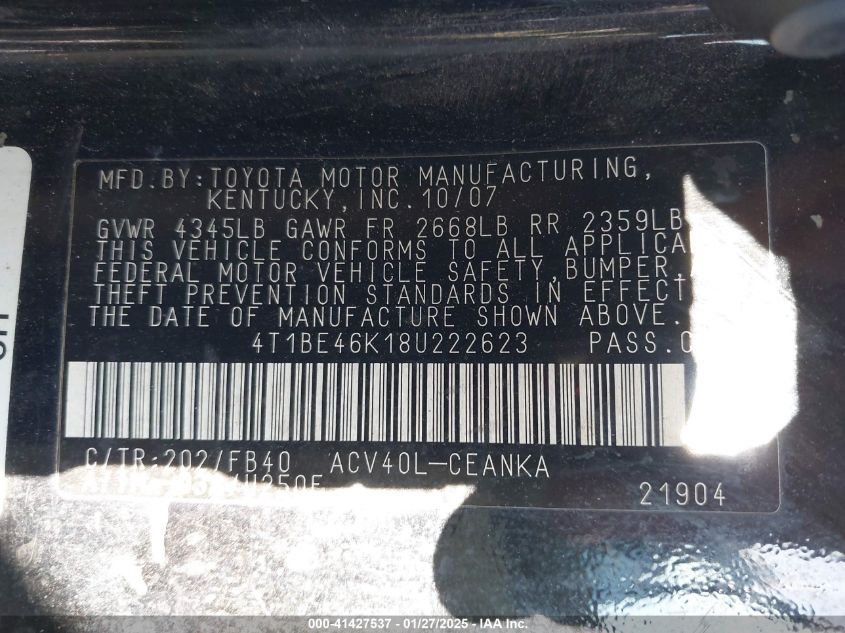 2008 Toyota Camry VIN: 421BE46K1BU222623 Lot: 41427537