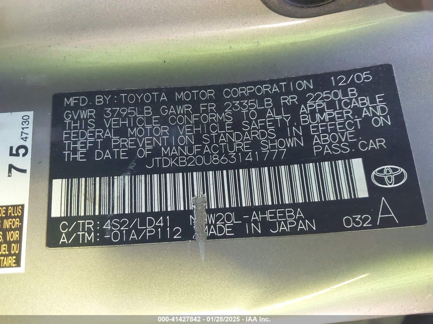 2006 TOYOTA PRIUS CV2 VIN: JTDKB20U863141777