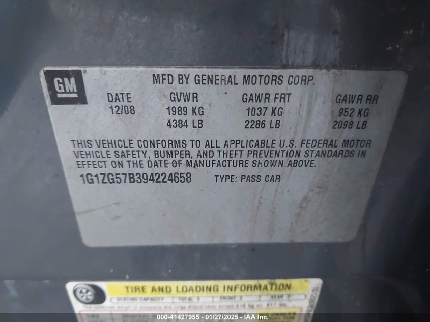 2009 CHEVROLET MALIBU VIN: 1G1ZG57B394224658