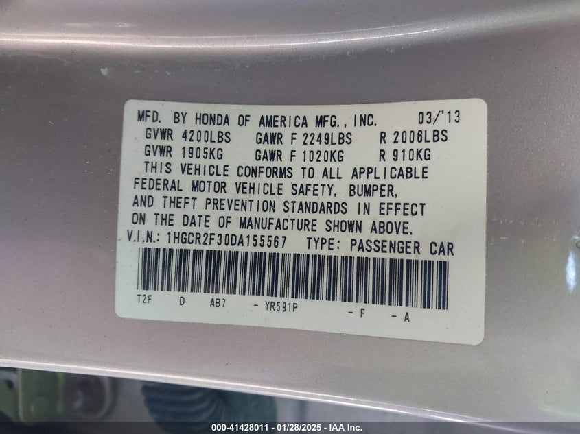 2013 HONDA ACCORD VIN: 1HGCR2F30DA155567
