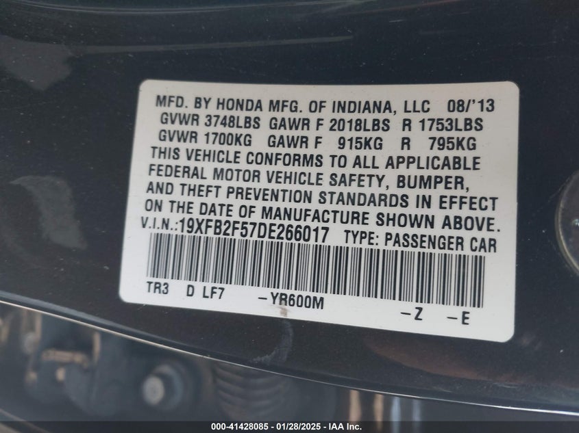 2013 HONDA CIVIC VIN: 19XFB2F57DE266017