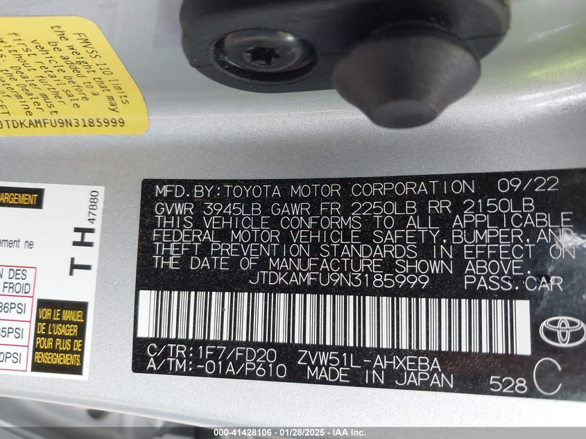 2022 TOYOTA PRIUS VIN: JTDKAMFU9N3185999