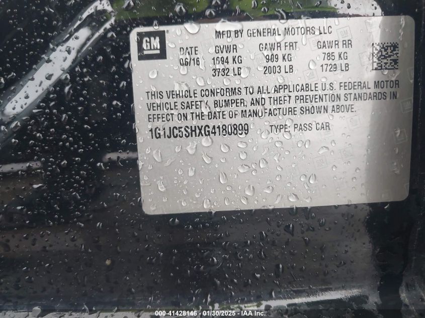 2016 Chevrolet Sonic Lt Auto VIN: 1G1JC5SHXG4180899 Lot: 41428146