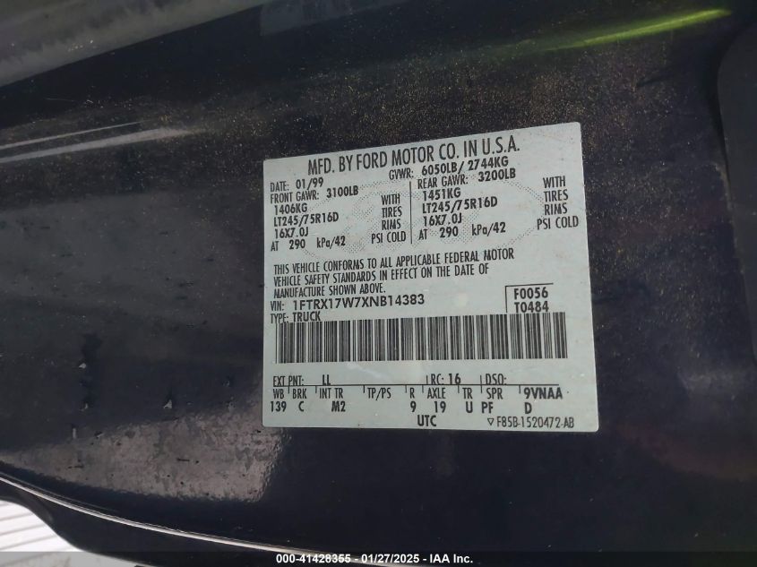 1999 Ford F-150 Lariat/Work Series/Xl/Xlt VIN: 1FTRX17W7XNB14383 Lot: 41428355